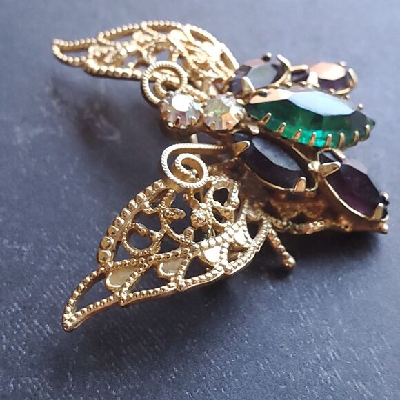 Gold Tone Butterfly Brooch Pin Green Purple Rhinestone Fancy Intricate 1.5 Inch - Picture 5 of 7